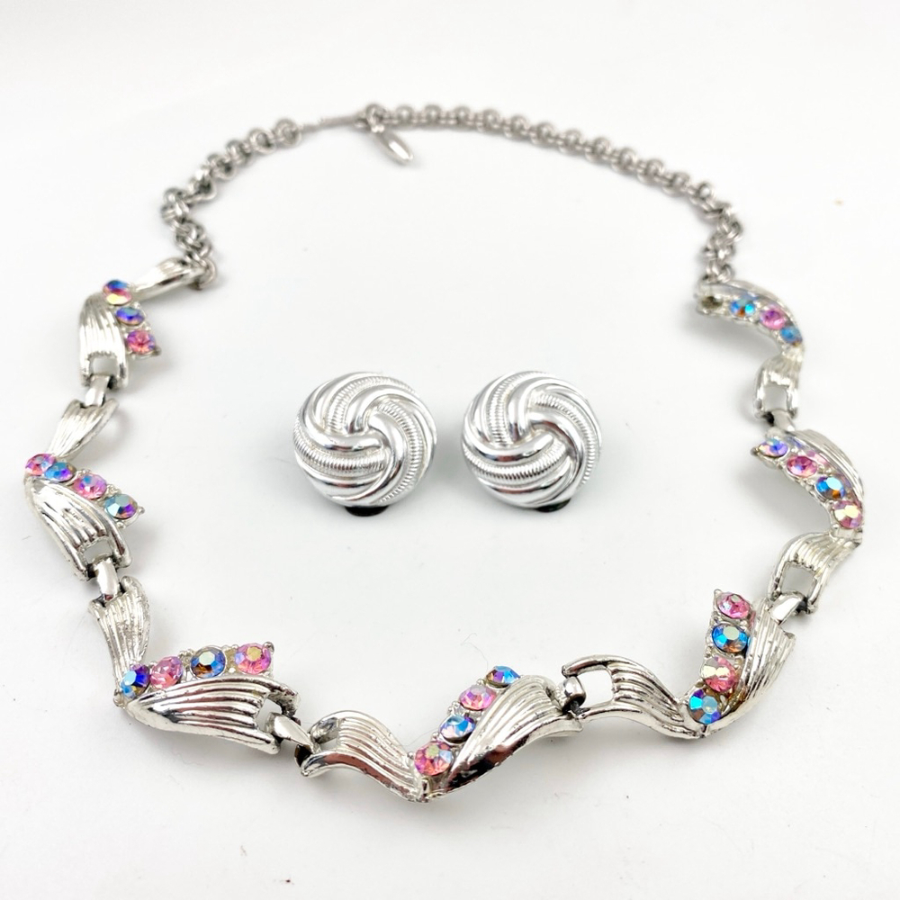 Vintage Aurora Borealis Rhinestone Necklace & German Eloxal Earrings Set, Coro